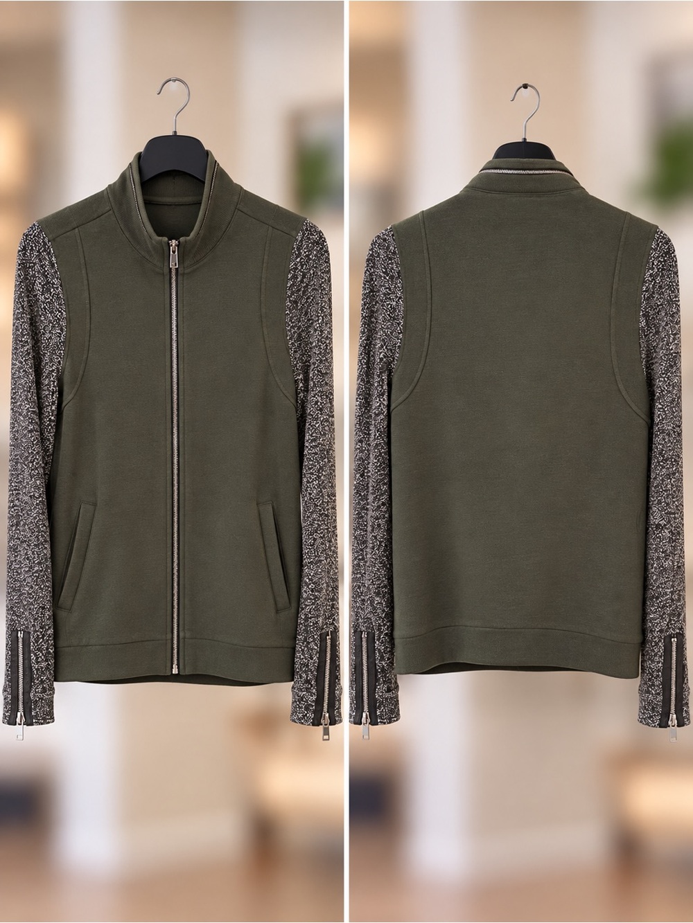 Olive Green Mixed-Media Zip Sweater Top